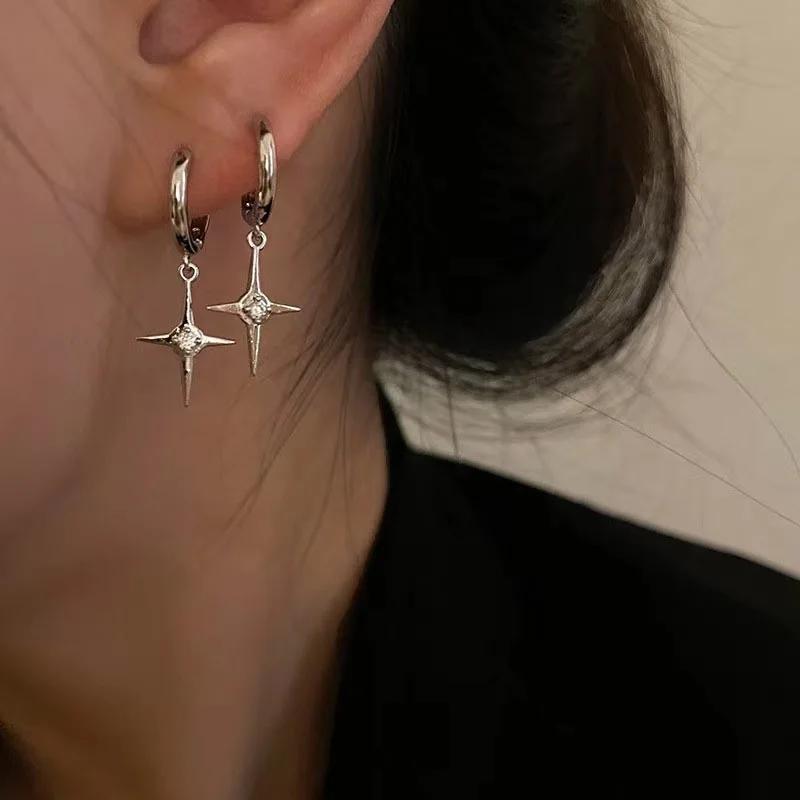Retro Personality Zircon Cross Drop Dangle Earrings for Women Charm Four-pointed Star Hip Hop Rock Hoop Earrings Punk Jewelry