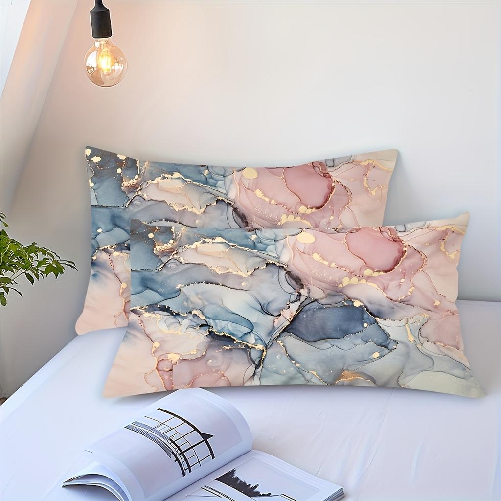 Sky Blue And Pink Mixed Mottled Marble Imitation Marble Craft Theme Quilt Cover Set Zipper Design Machine Washable