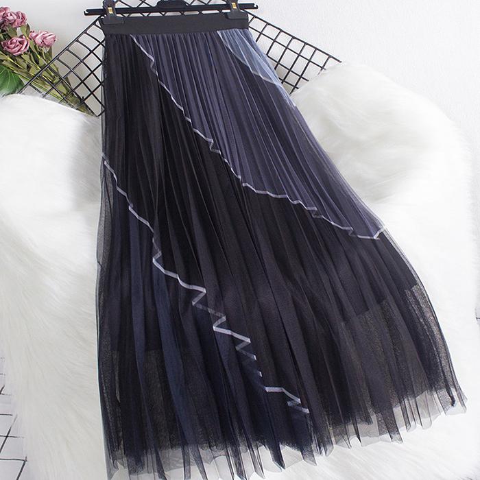 Women Spring Fall High Waist All Match Color Block Mesh A Line Skirt