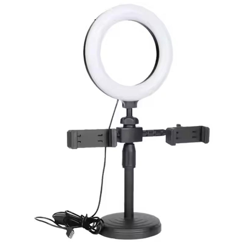 6Inch Led Ring Light with 2 Clip Clamp Mount Dual Mobile Phone Live Broadcast Stand Desktop Phone Holder LED for Live Stream