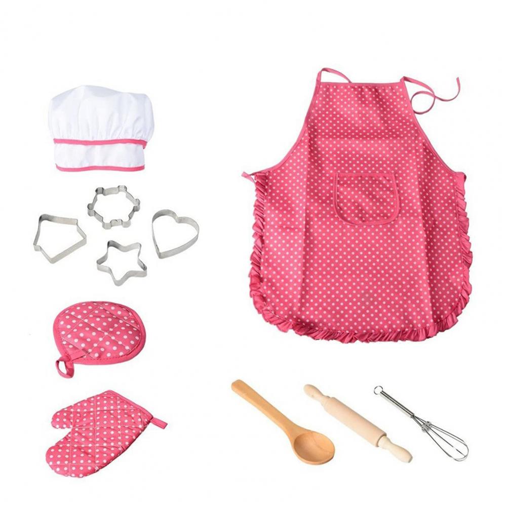 Kids Apron Cooking Apron Gloves Hat Set Girls Chef Toy Combo Hat Oven Mitt Cooking Toddler Chef Costume Role Play Baking Toy Set