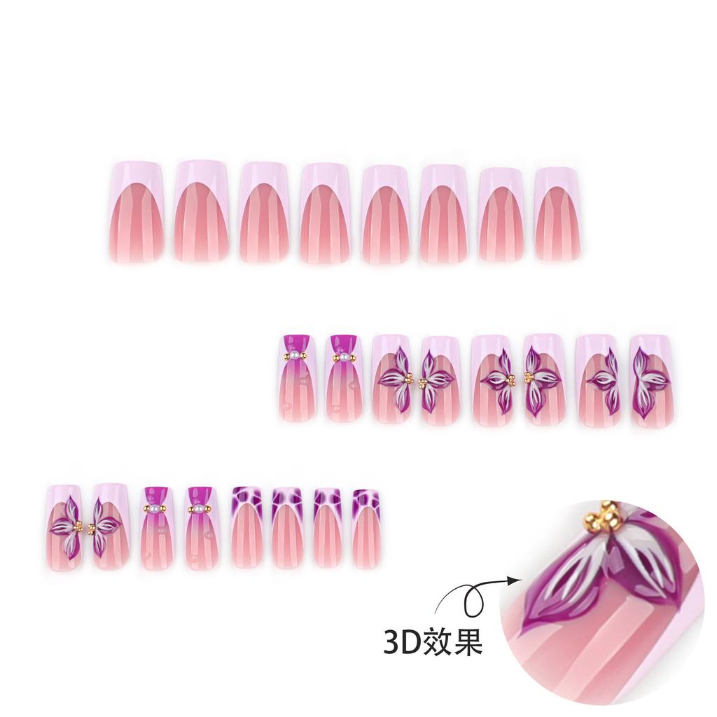 Hot-selling rectangular wearing nail fake nail French pink purple nail 3d flower nail piece