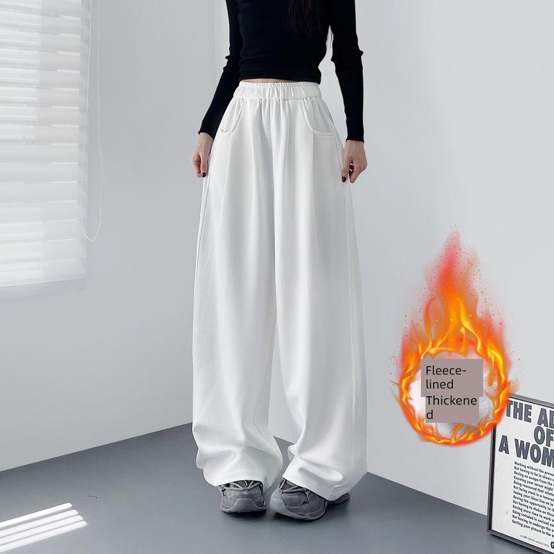 Black Sweatpants, Loose-Fitting Wide-Leg Pants for Women, Winter, for Chubby Girls, Lazy Style, Relaxed Fit, Fleece-Lined, Sporty Casual Pants