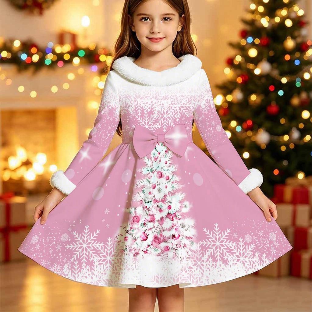 Kids Long Sleeve Christmas Dress, Merry Christmas Print Faux Fur Collar Bow Decor Princess Dresses for Girl Holiday Party Wear