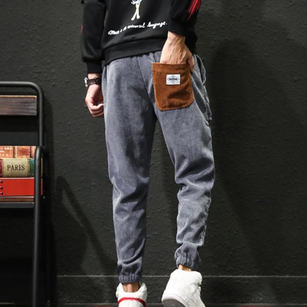 Winter Men Thick Warm Corduroy Sweatpants Men Cargo  Pants Color Matching Fleece Liner Elastic Waist Big Pocket Trousers Loose Sports Harem Pants