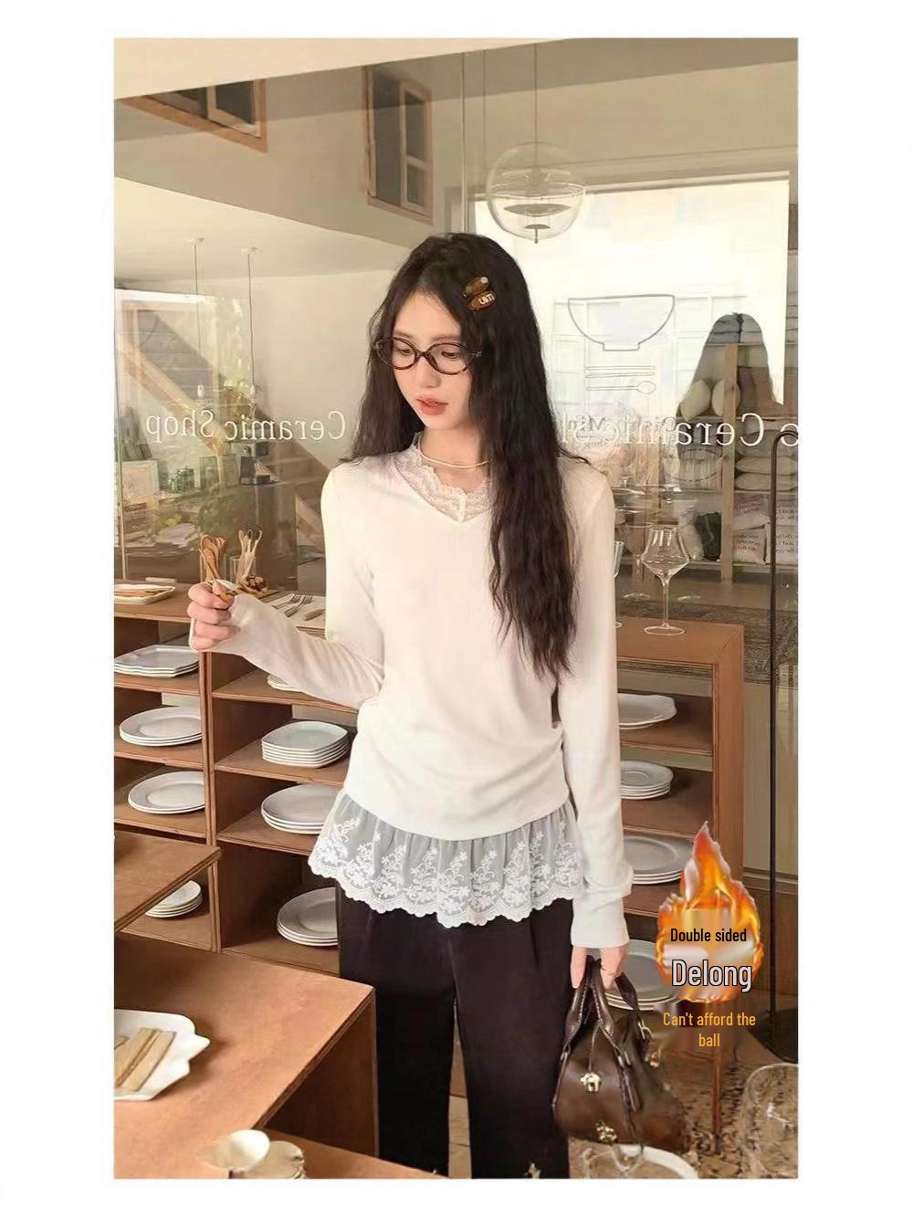 2025 Women s Trendy Lace Trim Thermal Fleece Long Sleeve Top for Autumn/Winter S