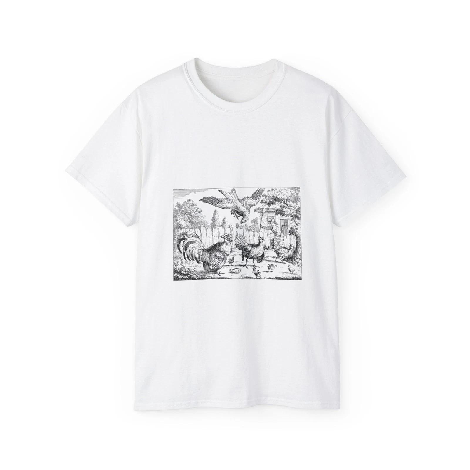 Hawk Chicken Line Art Hen Farm Landscape | Custom Graphic T-Shirt XL