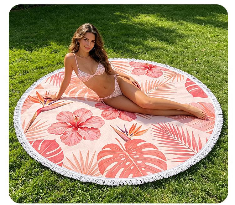 Customized Digital Printing Large Bohemian Floral Terry Microfiber Knitted Round Beach Towel for Summer Home Use