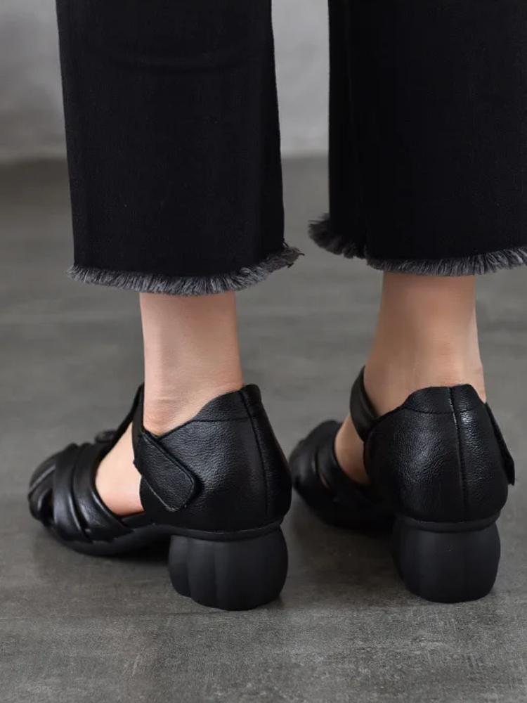 Johnature Genuine Leather Retro Round Toe Middle Heel Sandals Versatile Comfortable Thick Heel Women's Shoes