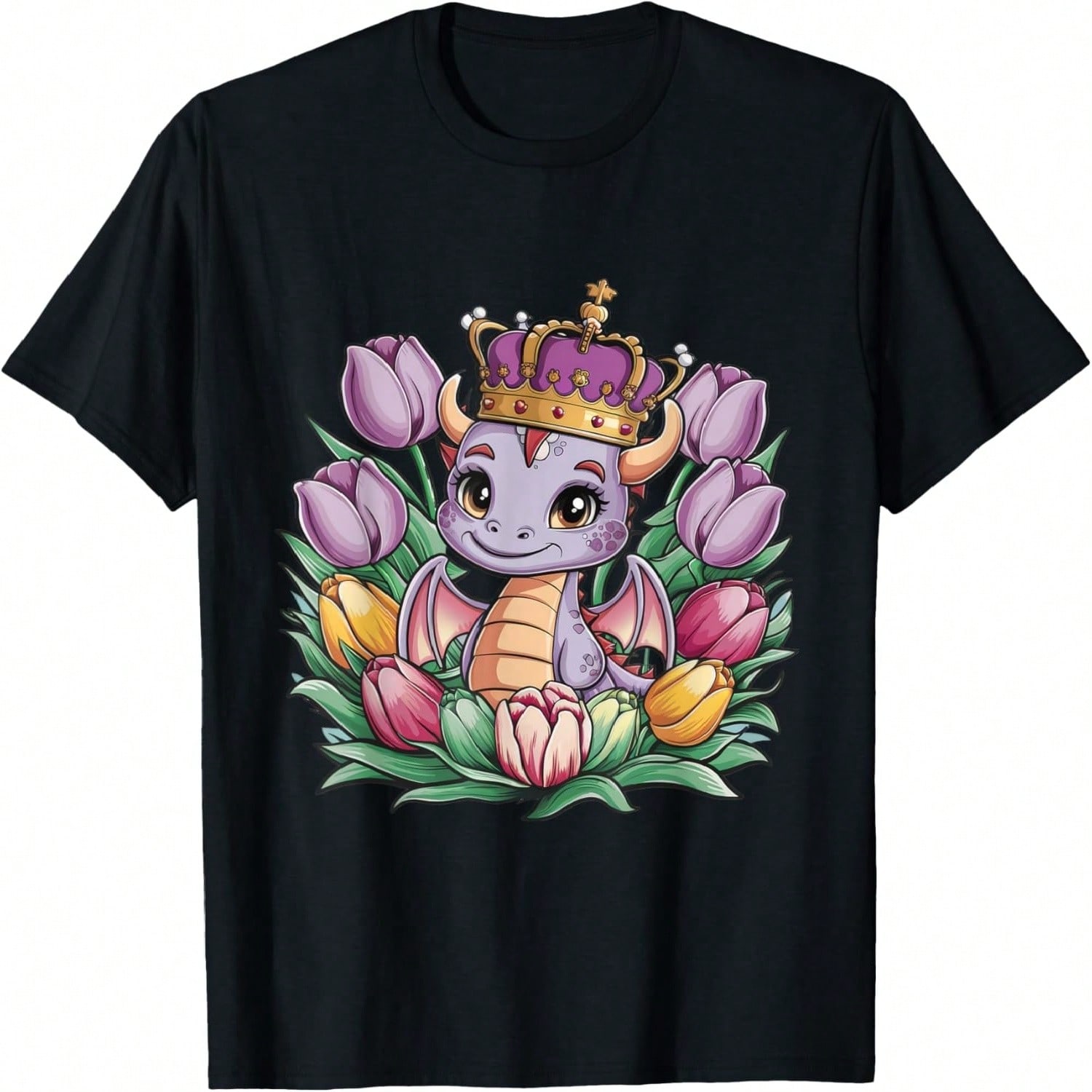 Kawaii Cartoon Dragon With Crown And Tulips T-Shirt S разноцветный