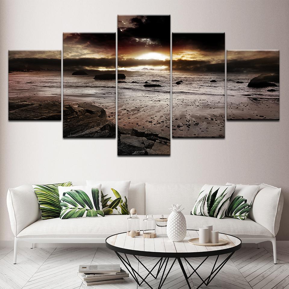 Dunkle Sonnenuntergangslandschaft 5-teilige Leinwand-Wandbilder modernes Poster Modulare Kunstmalerei für Wohnzimmer Heimdekoration