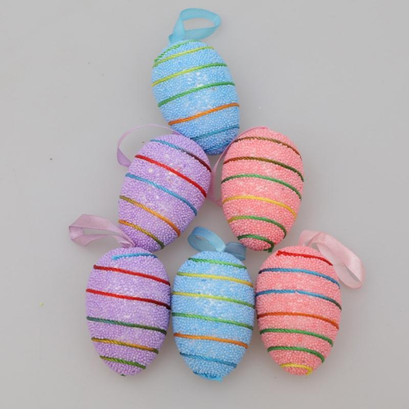 6PCS Set Easter Decorations Ornaments Bright Color Striped Foames Eggs Decorations for Easter Holiday Occasion