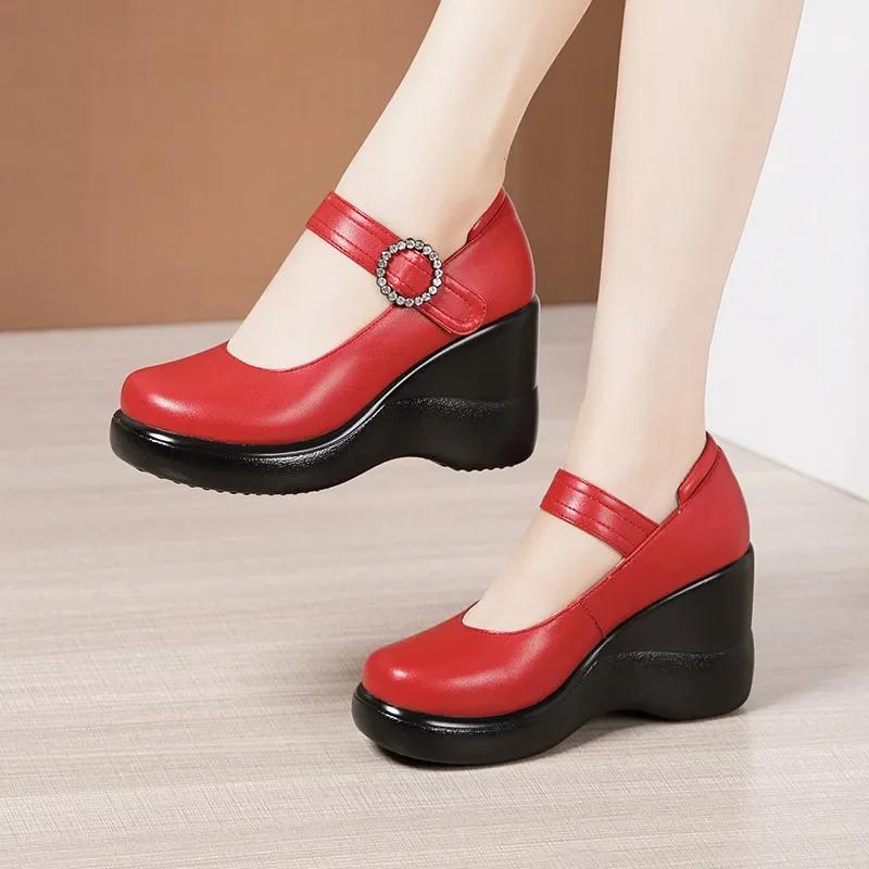 8cm Small Size 32-43 Elegant Soft Leather Mary Janes Platform Wedges Shoes 2025 Fall High Heels Pumps for Office Mom Work Dance