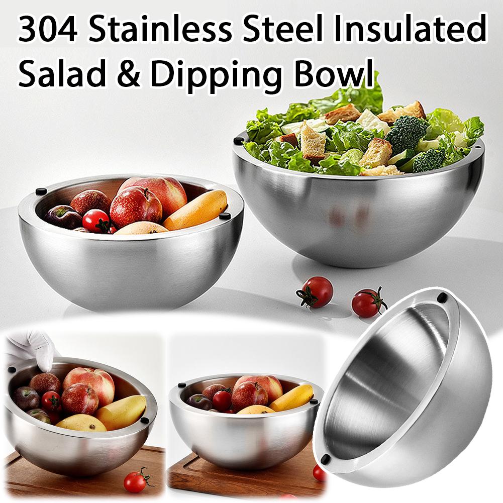 304 Stainless Steel Insulated Salad & Dipping Bowl Multifunctional Cooking Basin Noodle Bowl Round Silver Bowl Kitchen Gadget