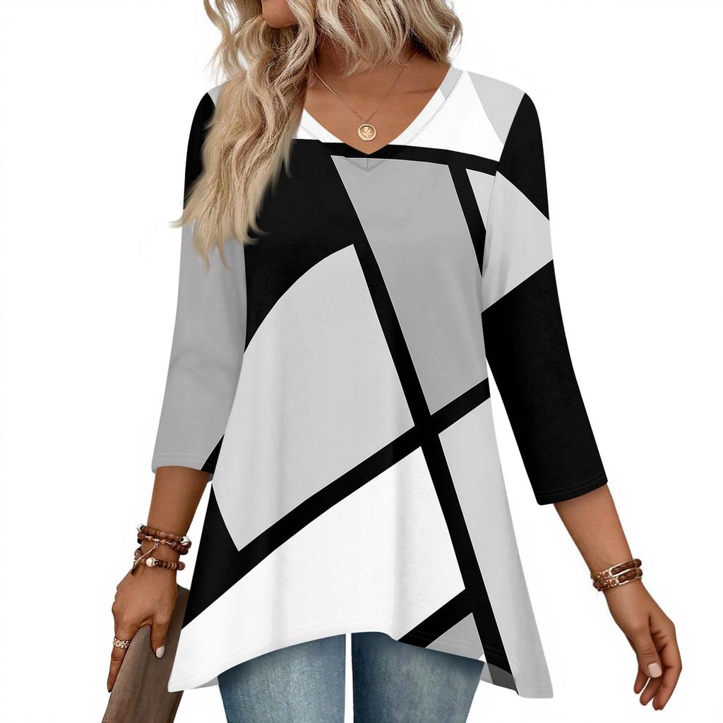 Dámské topy s výstřihem do V a 3/4 rukávem, ležérní košile střední délky, módní tuniky s potiskem