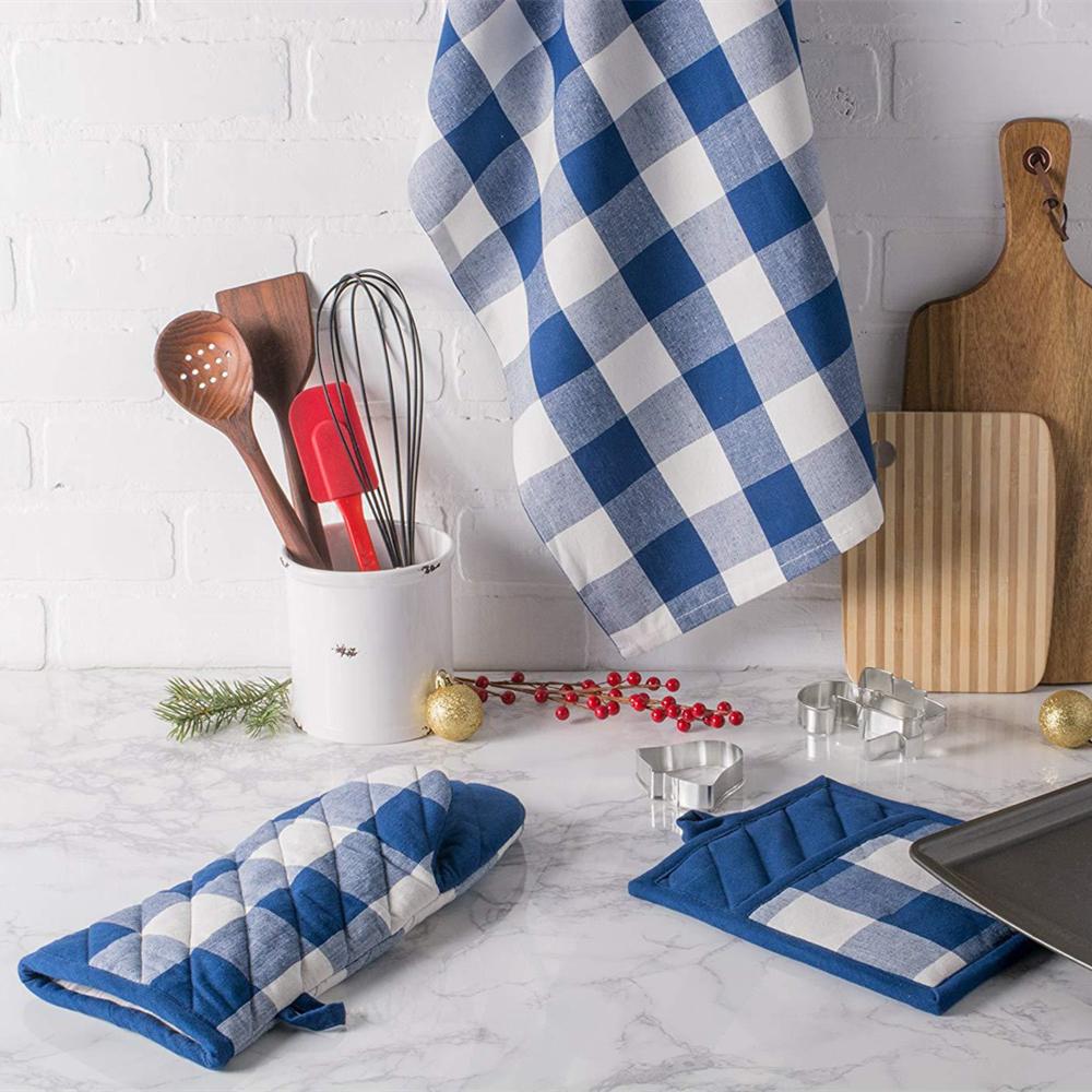 Non-slip Plaid Cotton Kitchen Cooking Microwave Gloves Baking BBQ Potholders Thicker Insulation Oven Mitts Heat Insulation Pad
