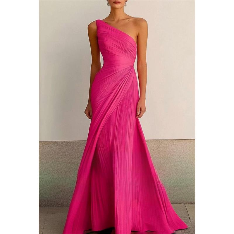 

2026 Elegant Cross-Shoulder European & American Light Luxury Slim-Fit Banquet Gown US18W яркий розовый