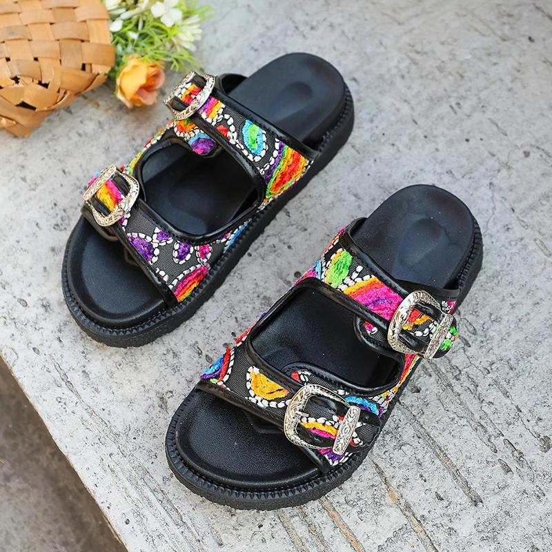 Fashion Women's Summer Bohemian Style Slippers Fashion Double Buckle Platform Sandals Woman Colorful Embroider Thick Sole Beach Slides