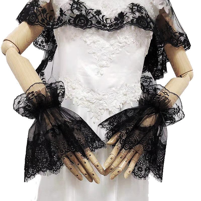 Black Lace Decor Hand Sleeves Lolita Tulle Mesh Eyelash Ruffle Wrist Fake Cuffs Detachable Flare Wristband Halloween Fingerless