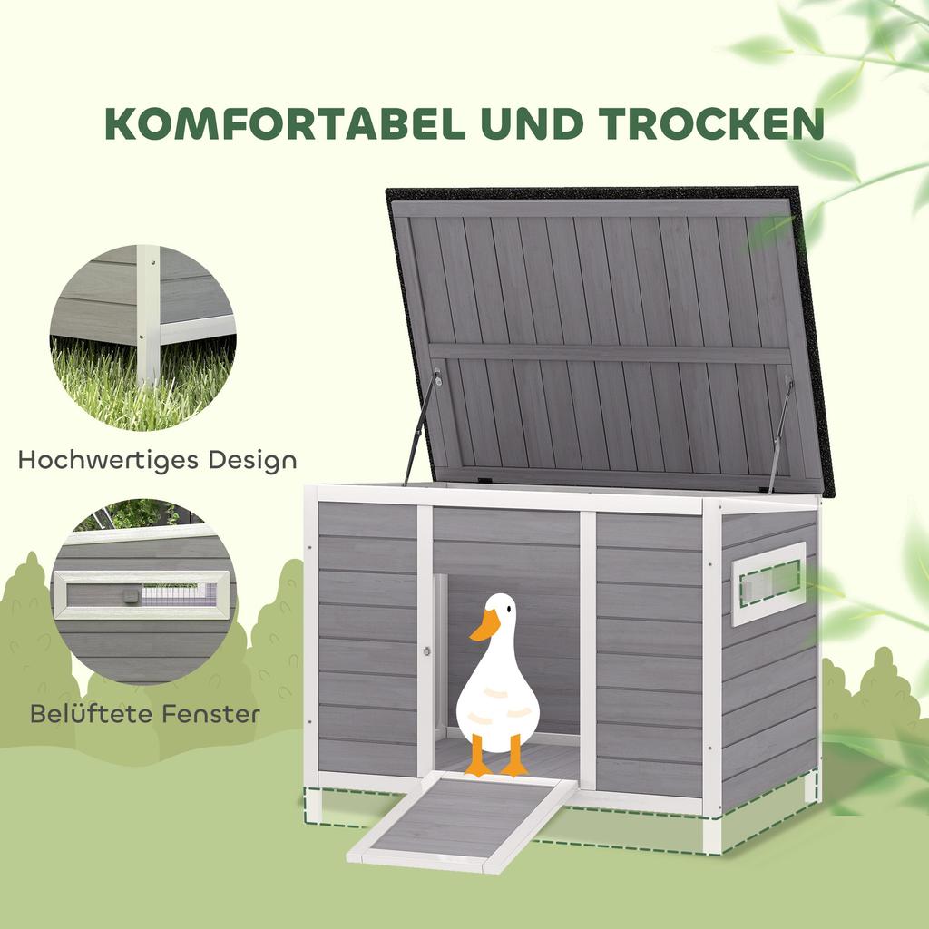 Duck Coop, Weatherproof Wooden Duck House with Removable Floor, Sliding Window, Hinged, Asphalt Roof, 93 X 70 X 72 Cm, Grey