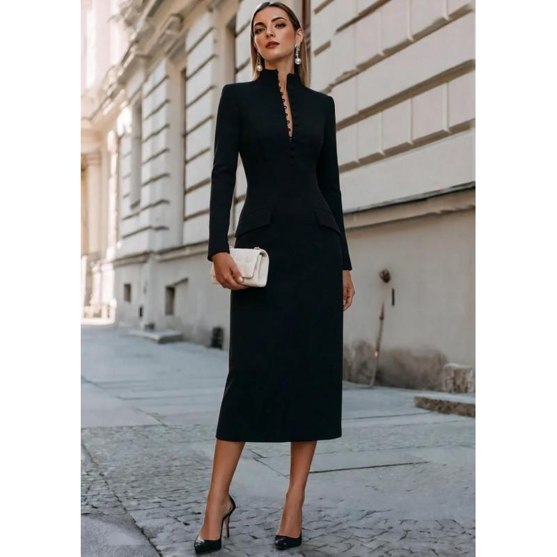 Womens High-Waist Long Sleeve Fitted Midi Dress With Stand Collar Pure Color Office Elegant Party