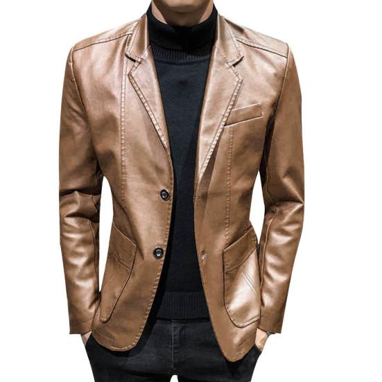 Autumn Winter Men Solid Color Faux Leather Suit Jacket Long Sleeve Lapel Blazer