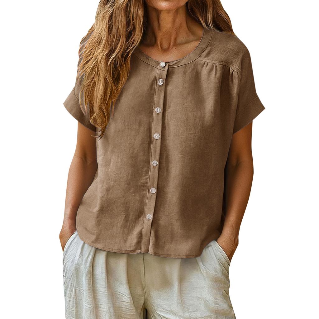 Womens Button Down Short Sleeve Blouse Loose Fit Casual Linen Shirt Crew Neck Lightweight Summer Top