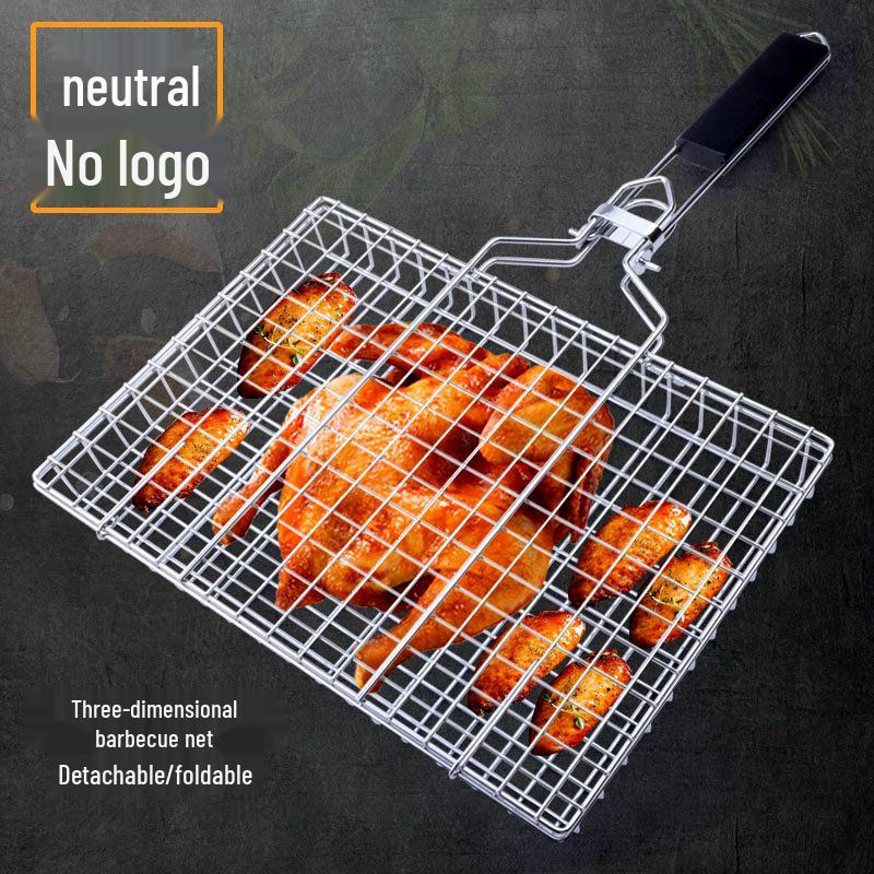 Stainless Steel Folding BBQ Grill Rack - Detachable Cage for Fish & More