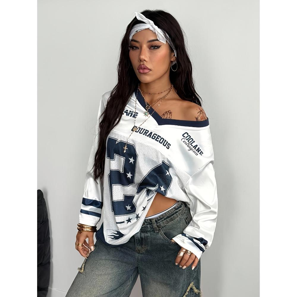 Women's Styles Cool Annie Fashion Street Color Block Print Loose Comfortable Long V-neck Long Sleeved T-shirt Tops