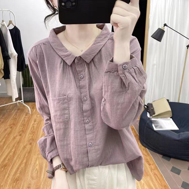 Camicia a maniche lunghe a tinta unita da donna, top ampio e snellente, maglia basic retrò