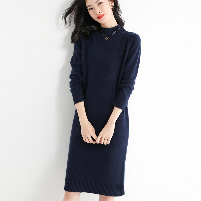 Rochie Lungă Tricotată până la Genunchi pentru Femei, Rochie cu Guler Mediu-Înalt, Izolată, Caldă, Rochii Midi Tricotate cu Partea Inferioară, Primăvară Toamnă