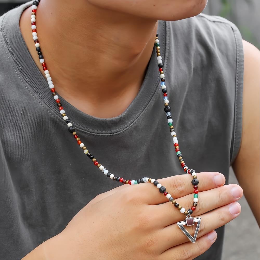 

Retro Color Mixed Glass Beads Long Chain Necklace Hip Hop Triangle Pendant Necklace Fashion Men Jewelry Trendy Accessories