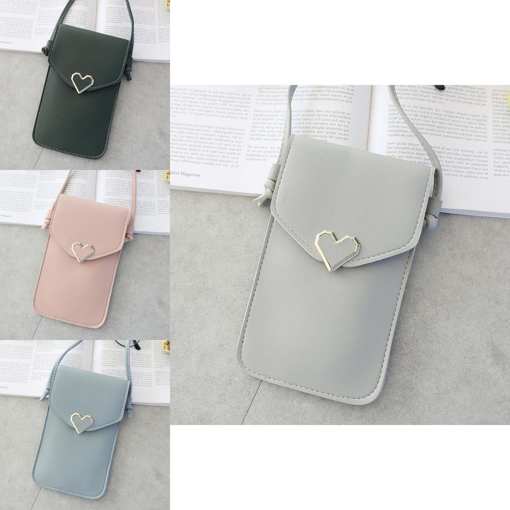 Stylish Women Simple Pu Leather Heart-shaped Decor Transparent Touch-screen Mobile Phone Bag