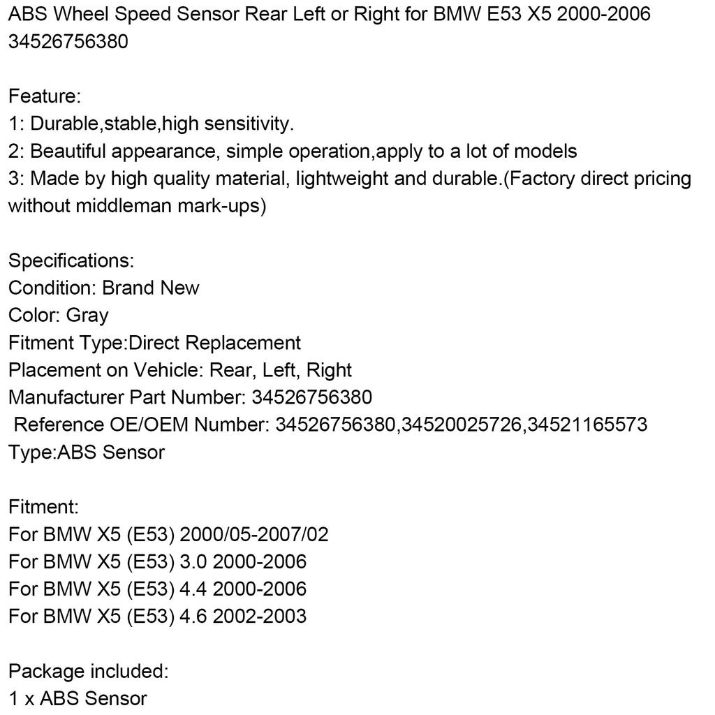 ABS Wheel Speed Sensor Rear Left or Right for BMW E53 X5 2000-2006 34526756380