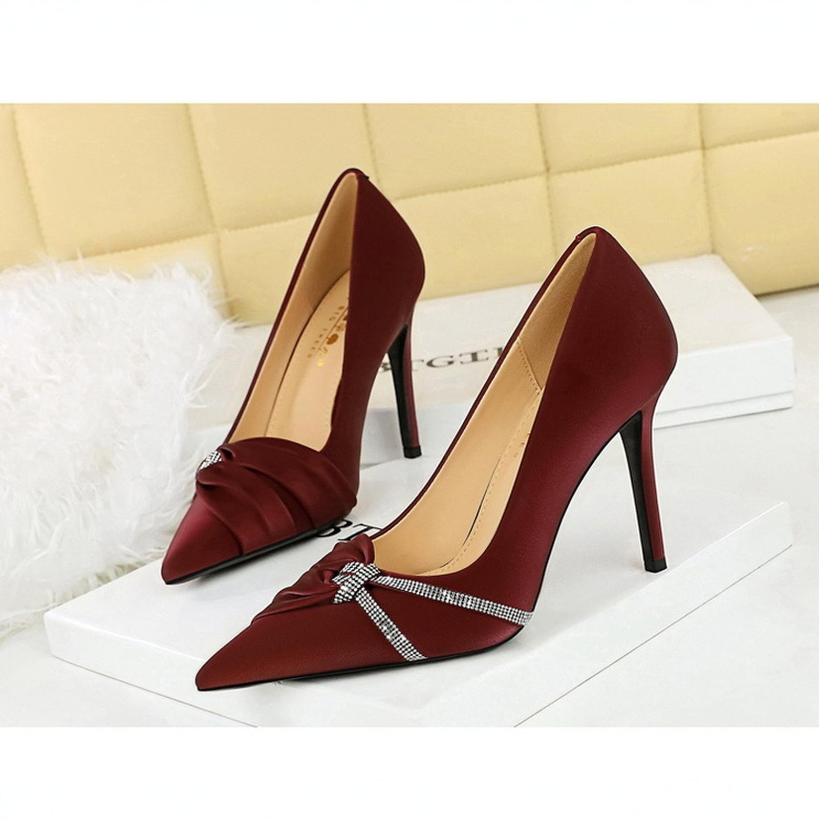 

Women s Rhinestone Bow Stiletto Heels Pointed Toe Party Pumps 41 винний