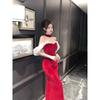 Autumn and Winter New Sexy Lady Golden Velvet Oneword Collar Slim and Thin Dress Dress, Long Style with Chest Pads