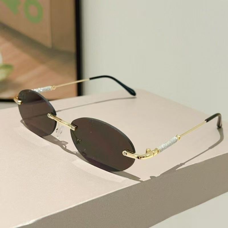 Small Frame Oval Rimless Sunglasses For Women Men Luxury Brand Eyewear Vintage Round Sun Glasses Ladies Fashion Boundless Shades