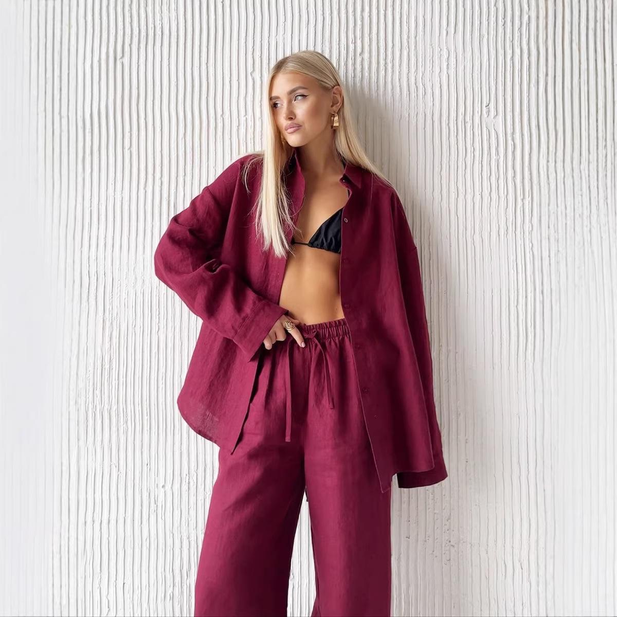

2026 Spring/Summer European-American Loose Pure Cotton Shirt & Trousers Set L вина червоного кольору
