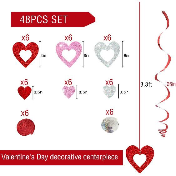 48 Pcs Valentine's Day Decorations Glitter Heart Hanging Swirls,Hanging Love Heart Swirls Wedding Party Supplies Decorations, Anniversary, Ceiling