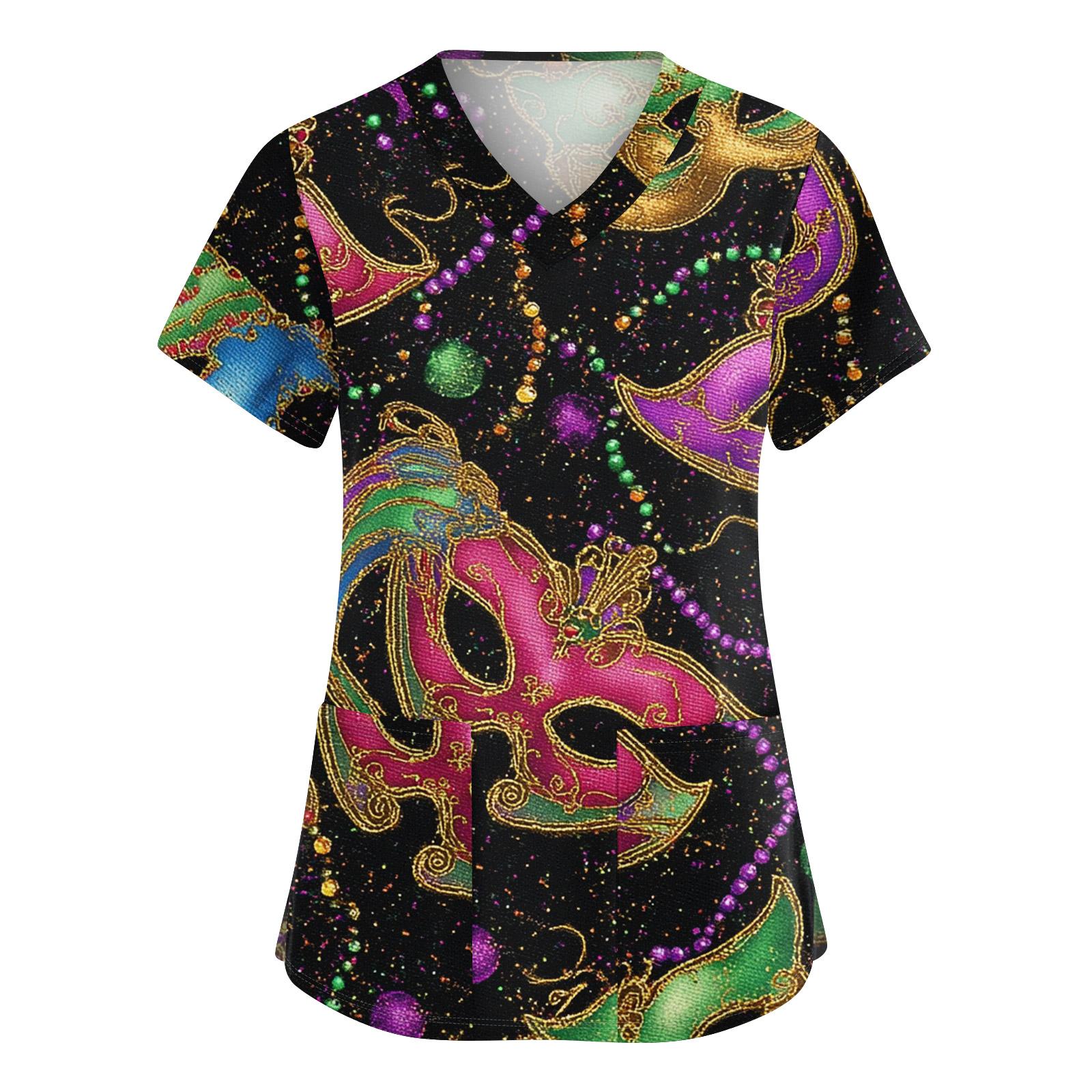 

Women s Cute Printed Work Clothes V-neck Double Layer Pockets Basic Short Sleeve Top Pullover L