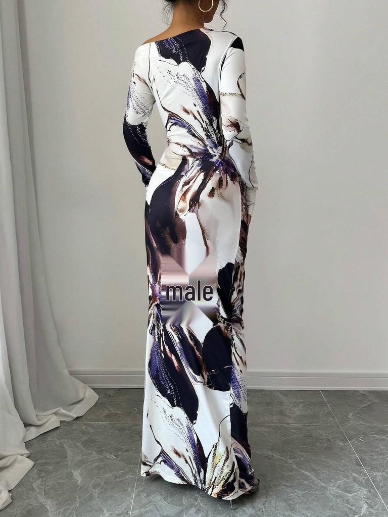 European & American Trendy Long-Sleeve Asymmetrical Neckline Dress