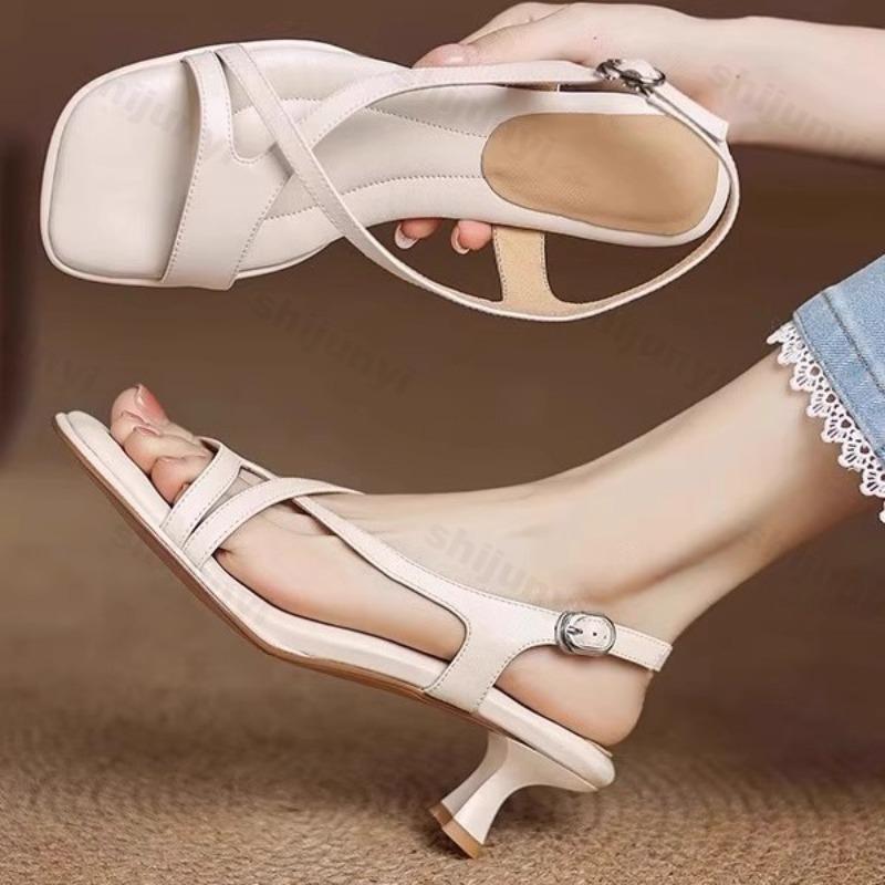 Fashion Women's Sandals Genuine Leather Sheepskin 2025 Summer Square Toe Open Toe Soft High Heels Banquet Dress Female Slingback Sandals