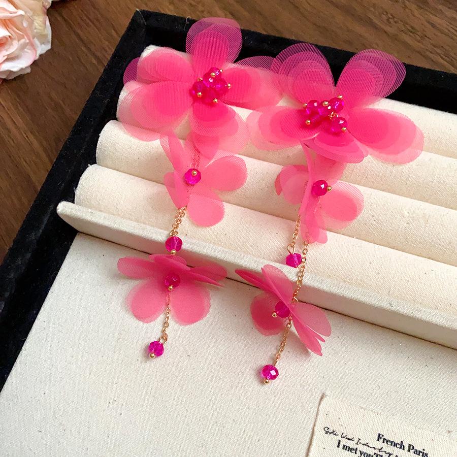 Steel needle glass chiffon flower fringed earrings, fresh and sweet temperament earrings, new earrings, niche and high-end sense