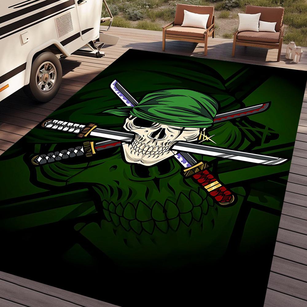 RV Camping Mat,Anime-Style Print with Three Long Knives Stabbed into a Skull Wearing a Pirate Bandana,Suitable for Outdoor Camping,Picnics,L