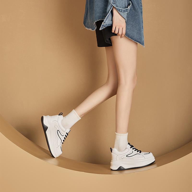 Small Size Authentic Leather Clunky Sneakers Women's Hidden Heel Lace-up White Shoes Color Matching Casual Student Shoes Women