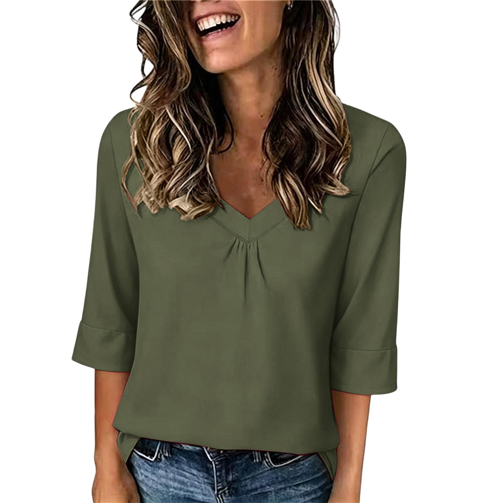 Women s V-Neck 3/4 Sleeve Loose Fit Casual Tunic Top Color S