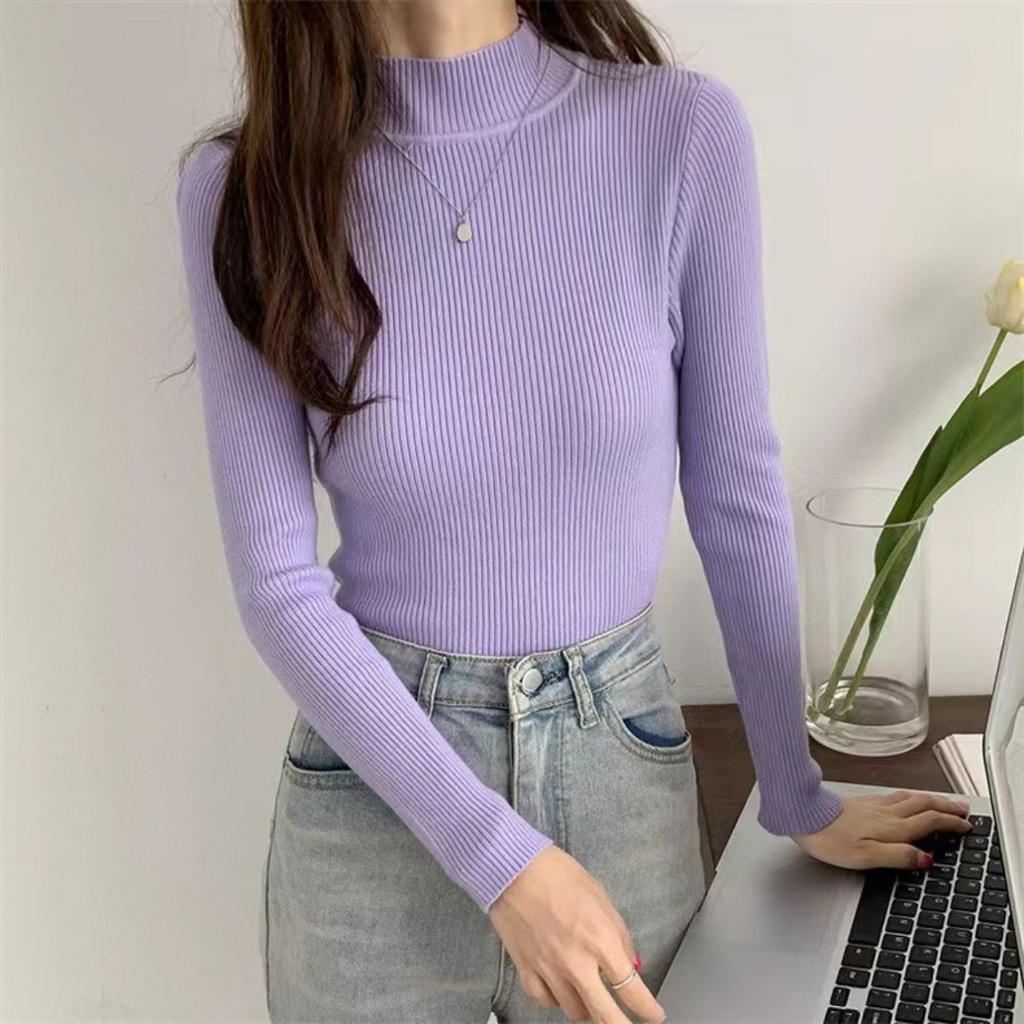 Spring and Autumn Winter Long Sleeve Sweater Women's Interior Tailored Bottom Shirt Half High Collar Korean Edition Knitted Shirt Women's Top