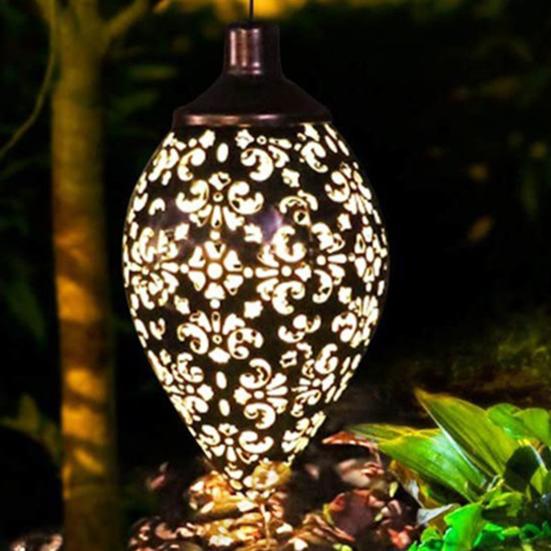 Hängende Solarleuchten mit ausgehöhltem Muster, IP44, wasserdicht, Schmiedeeisen, verschleißfest, Solarenergie, Tropfenform, LED-Gartenleuchte für den Garten