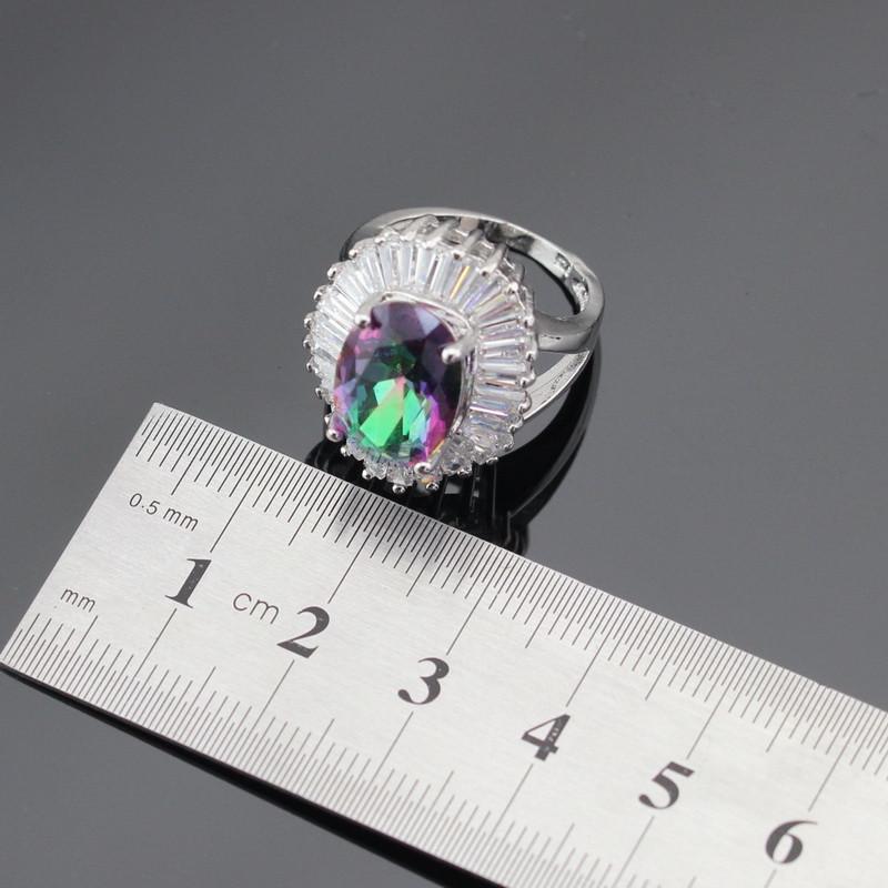 WPAITKYSSølvfarge smykkesett for kvinner Mystiske regnbuesteiner Halskjede Anheng Armbånd Ørepynt Ringer