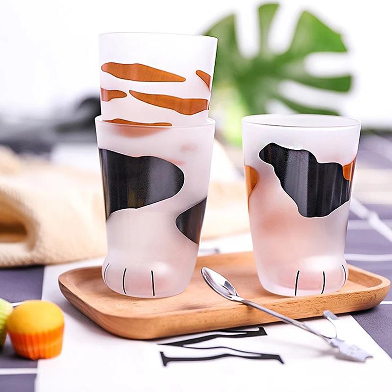 Animals Glass Cup 300ML Creative Cute Cartoon Cat Paw Water Bottle Milk Juice Frosted Drinking Cold Drink Mug Coffee Cup